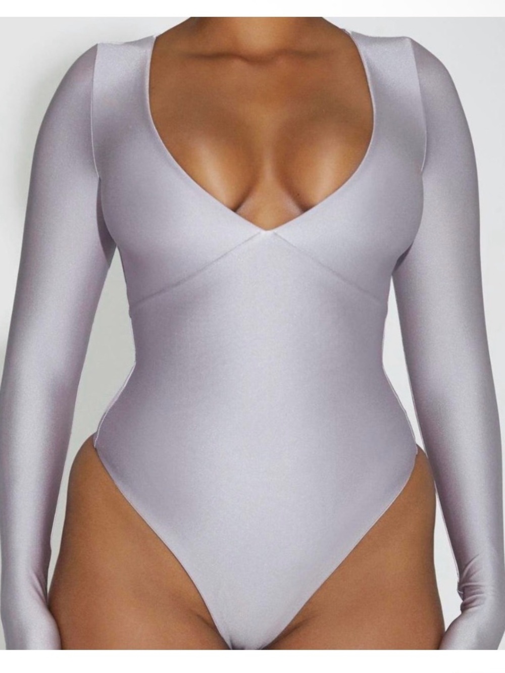 Naked Wardrobe Deep V Plunge Long Sleeve Metallic Light Purple Bodysuit NEW L